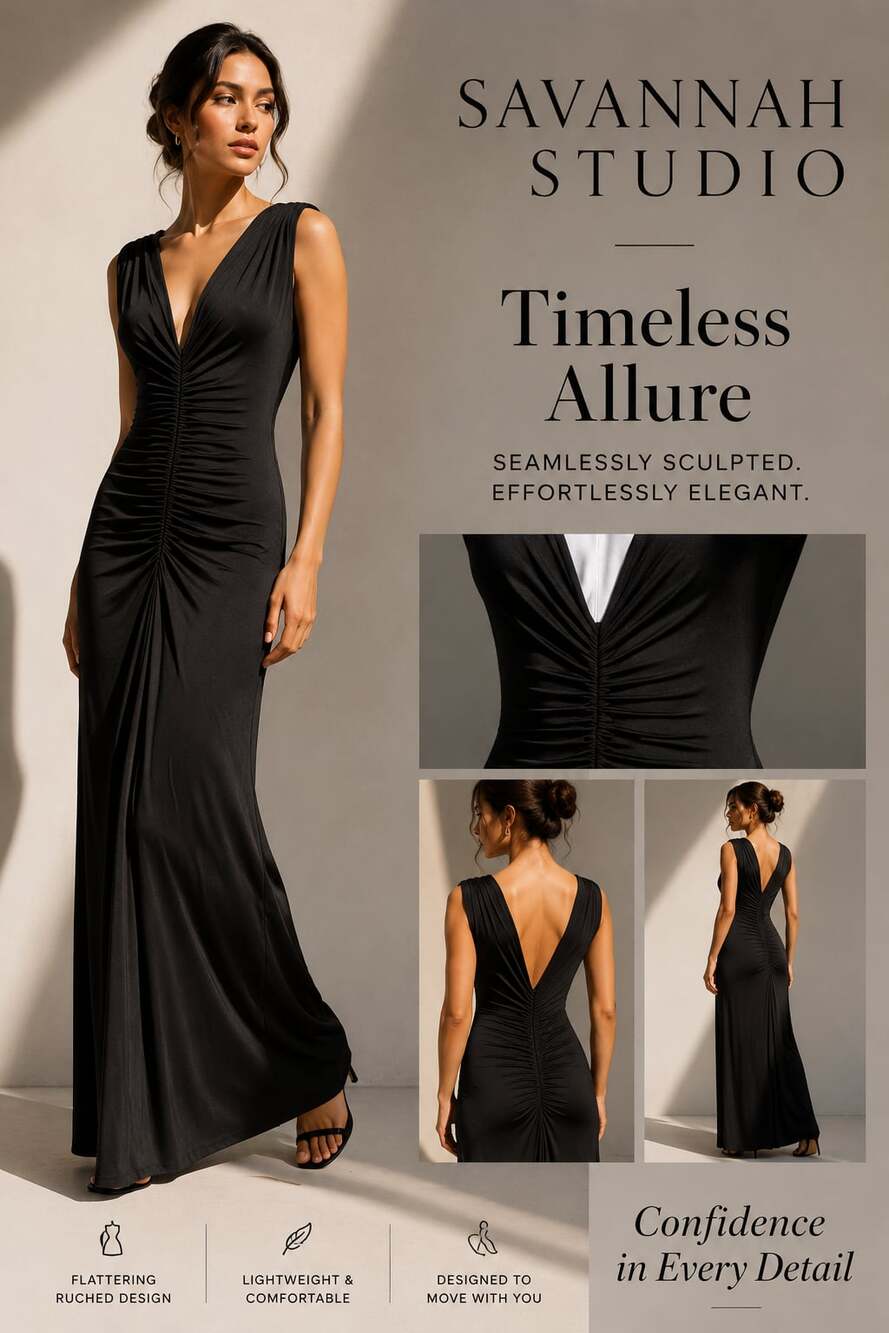 Savannah Studio Plunging V-Neck Ruched Bodycon Maxi Dress